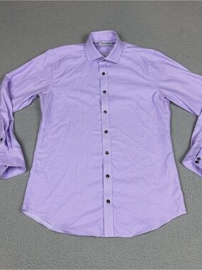 Twillory Dress Shirt Mens 15 32/33 Purple White Micro Check Safe Cotton No Iron